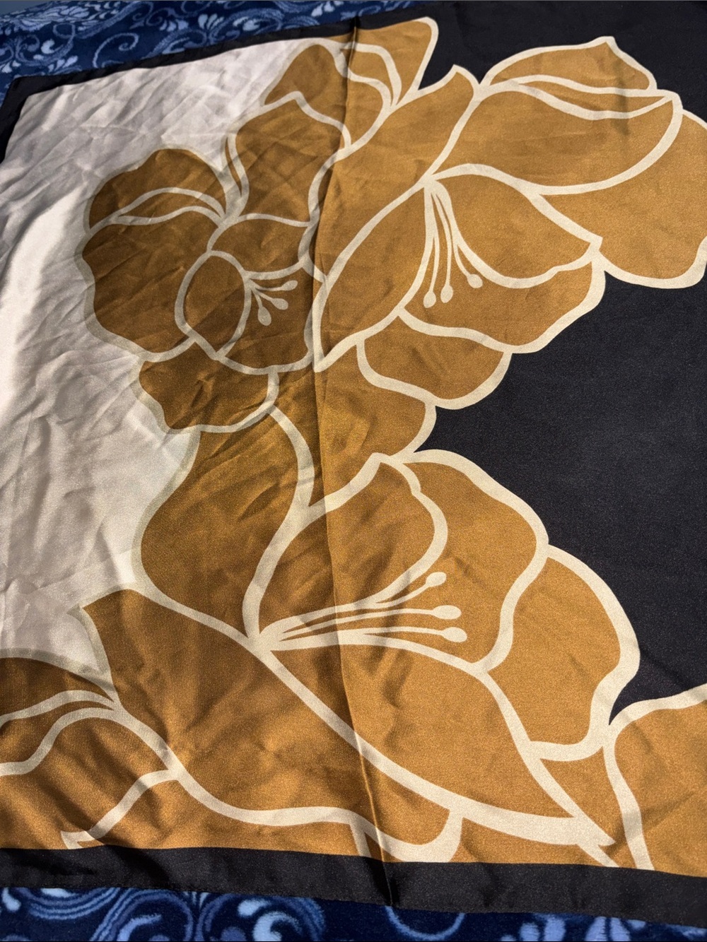 Floral Pattern Decorative Scarf in Black, Cream, and Gold - Picture 2 of 4
